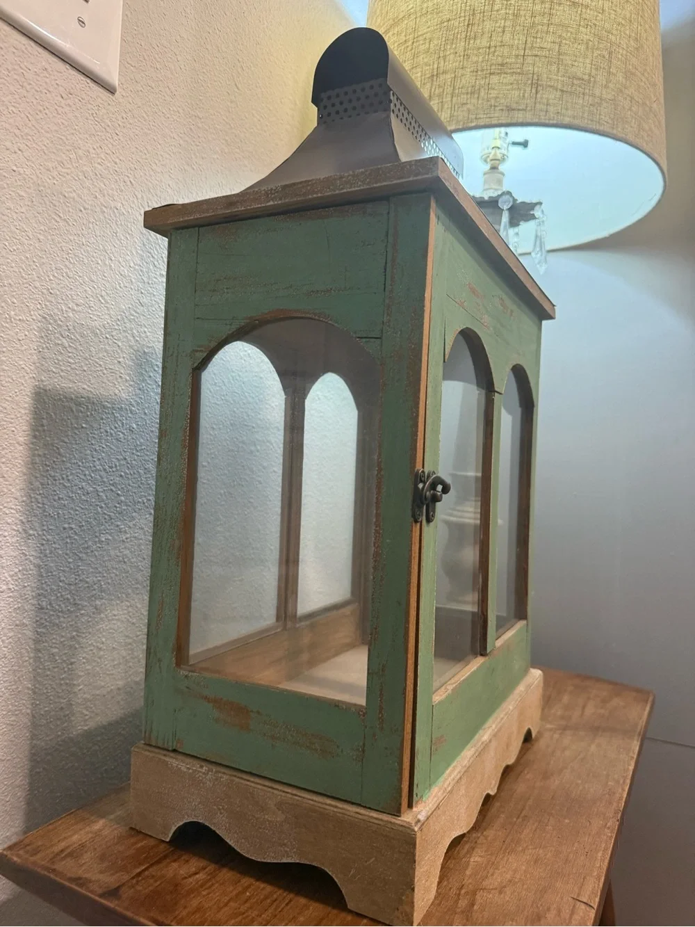 Farmhouse Wooden Lantern Distressed Green Glass Candle Holder Rustic Decor
